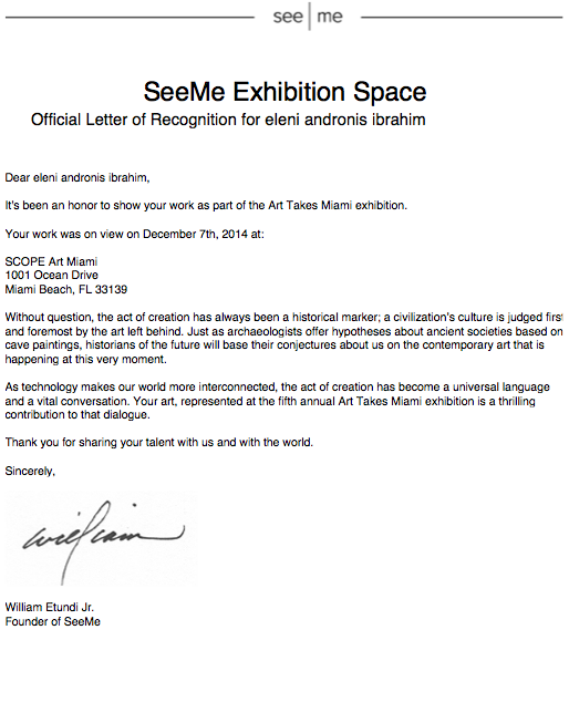 SeeMe Exhibition Space Official Letter of Recognition for ELENI... Helen Andronis Ibrahim
